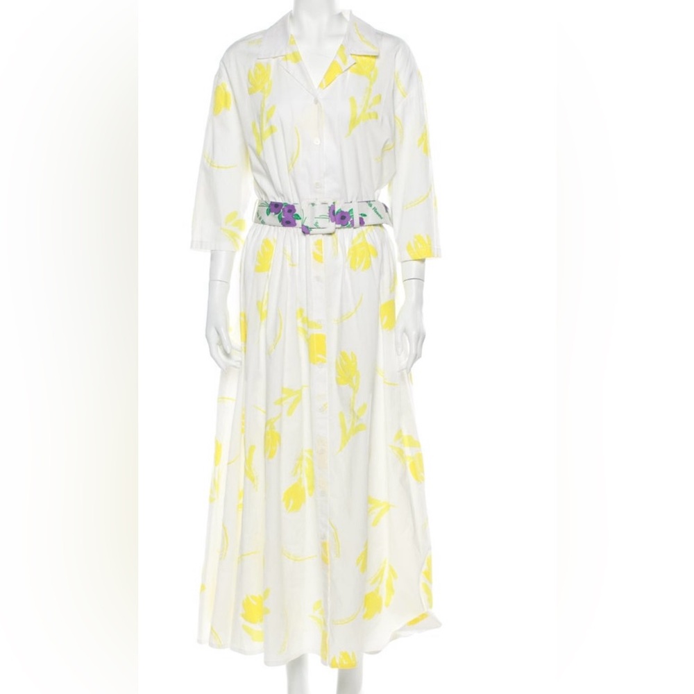 Floral Belted White and Yellow Dress